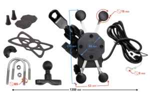 Uchwyt motocyklowy na telefon z USB, 2 mocowania