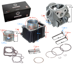 Cylinder i głowica 70cc Moretti do motoroweru Fighter 1 z silnikiem poziomym (bez wałka rozrządu)